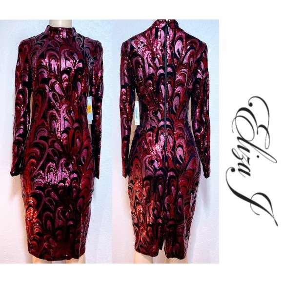 Eliza J Dresses & Skirts - NWT $198  ELIZA J. Burgundy Sequin Long Sleeve Midi Sheath Dress  - Size 4